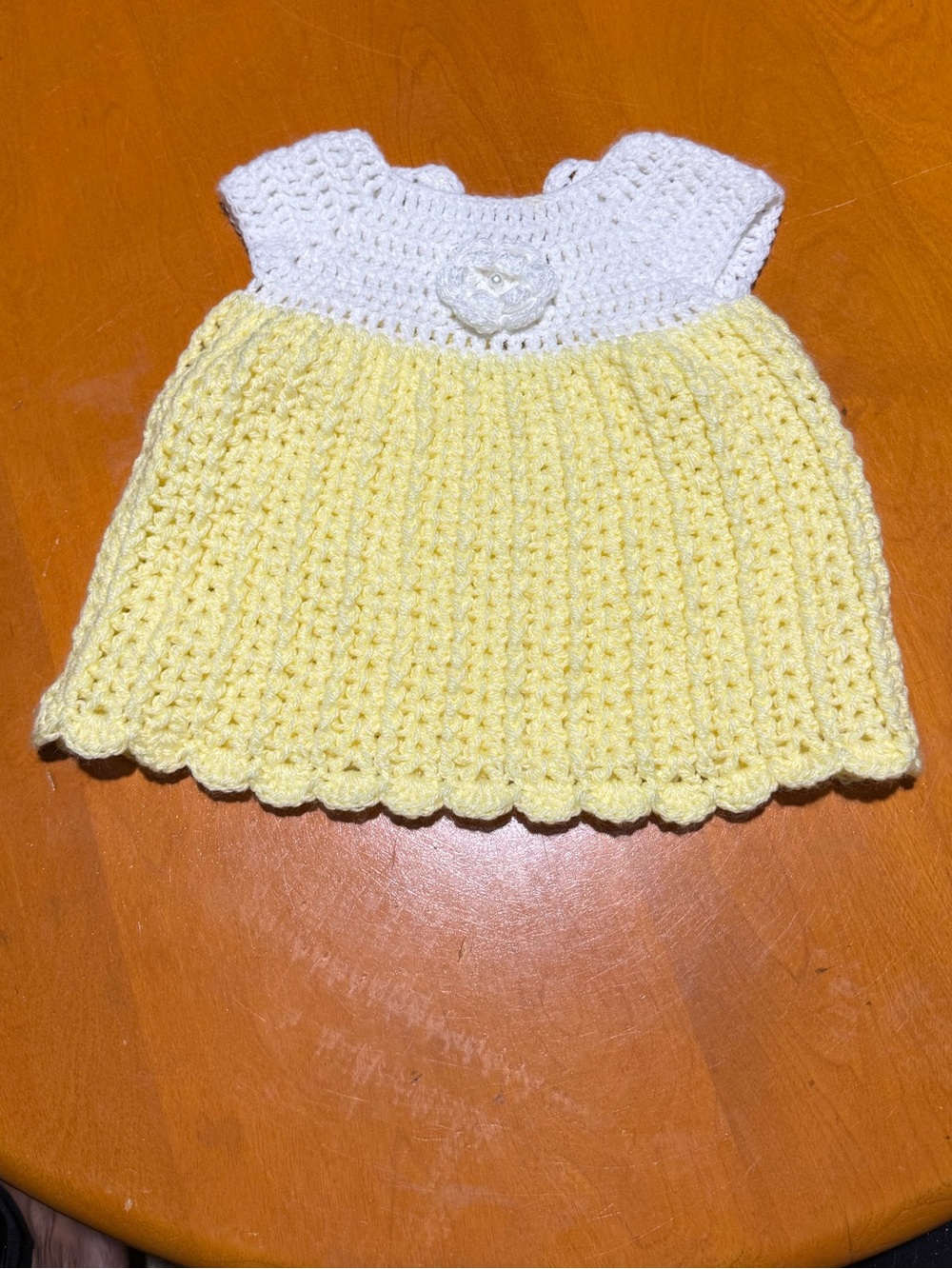 Handmade Crochet Baby Dress in White & Pale Yellow 0-3 mo